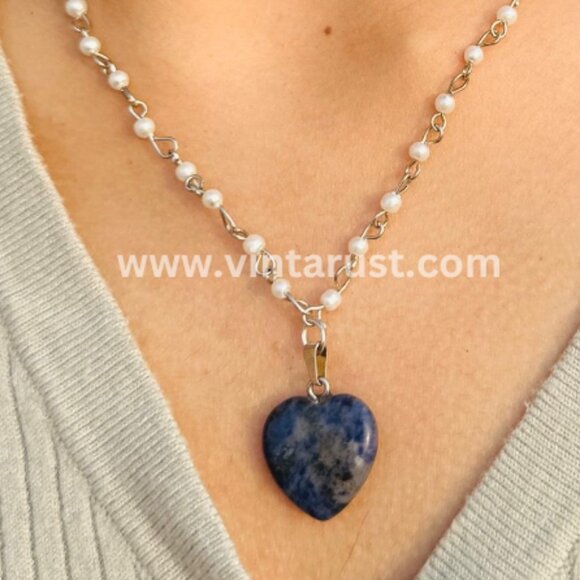 Beaded Chain Necklace With Blue Rhodonite Stone Heart Shape Pendant, Handmade - Picture 2 of 14